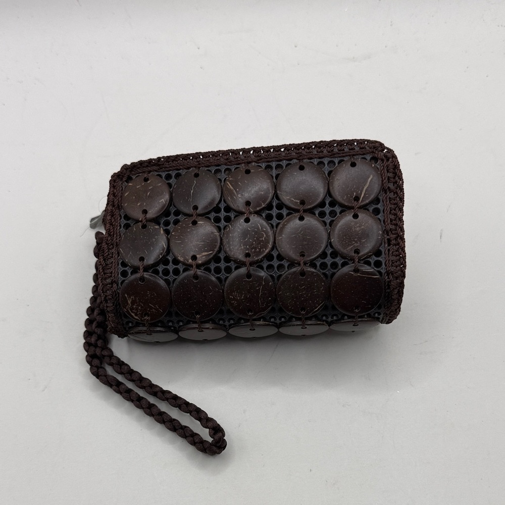 Vintage Coconut Shell Piece Wallet Zip Around Coin Purse Wristlet Brown Floral - Picture 2 of 12